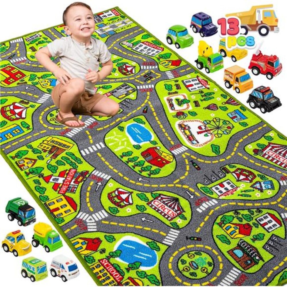Kids Play Rugs12 Pull-Back Vehicle Set Durable Carpet Playmat Rug